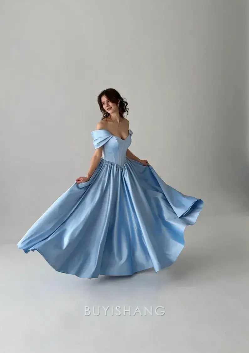 Elegant Off - Shoulder Satin Ball Gown Floor-Length with Lace - Up Back Prom Dresses